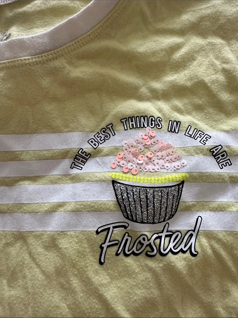 Justice Yellow Cupcake Graphic Tee with White Stripes